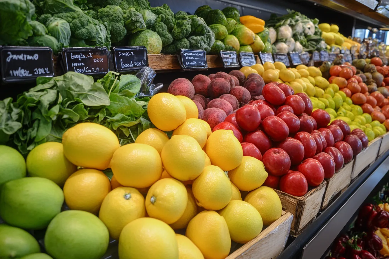 A variety of dairy-free foods including fruits, vegetables, nuts, and grains