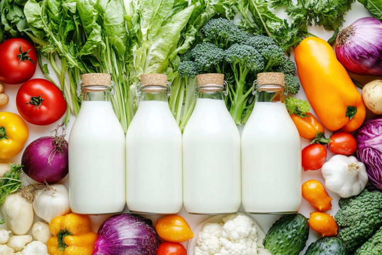 Dairy free meals featuring fresh vegetables and a dairy-free milk alternative