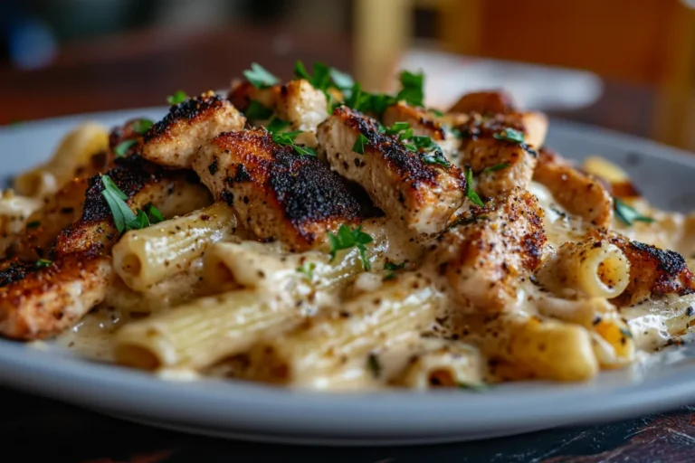 Blackened chicken alfredo served with fettuccine pasta