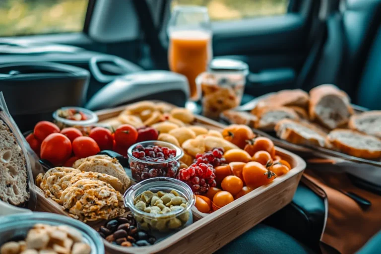 The easiest food to eat in a car, including granola bars and fresh fruit.