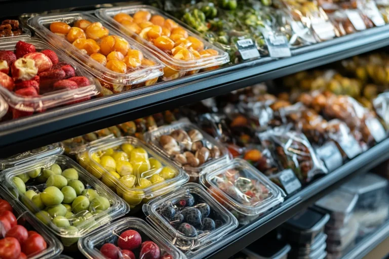 An assortment of grab-and-go meals including salads, wraps, and fruit