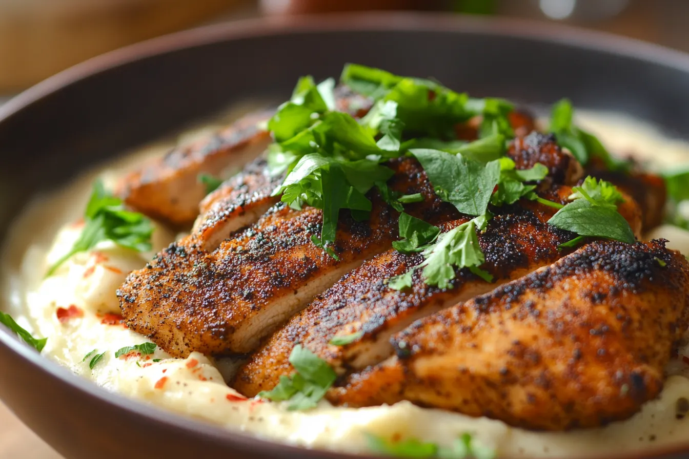 Blackened chicken Alfredo pasta served in a skillet