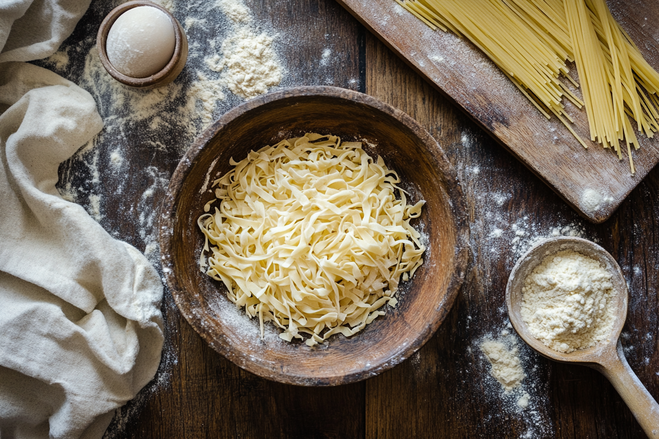 Dry pasta types on a wooden table without dairy ingredients
