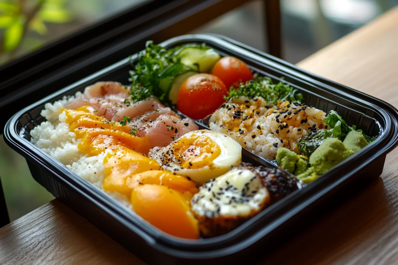 A variety of portable on-the-go food options including fruits, nuts, and wraps
