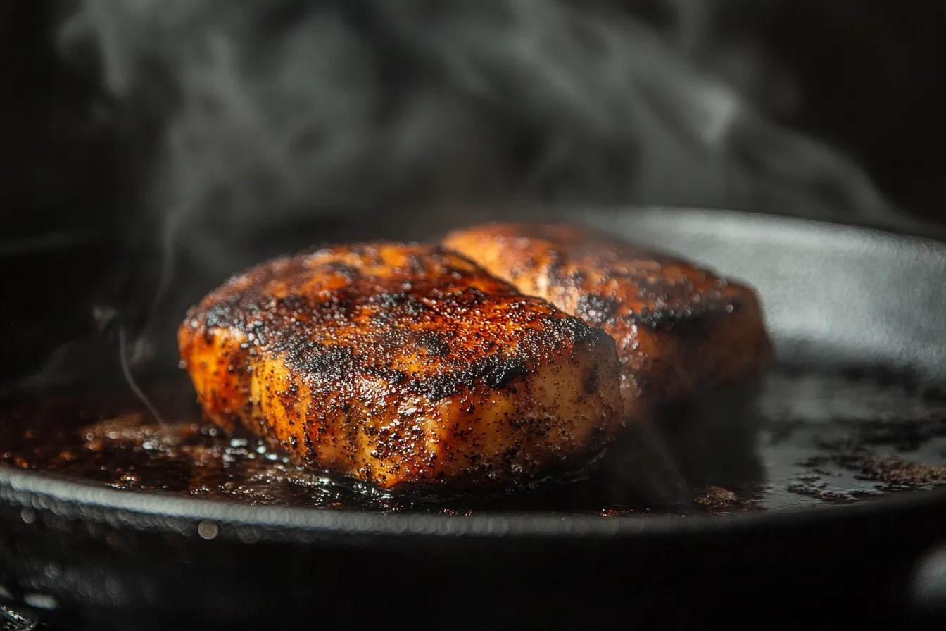 Blackened chicken breast with charred crust on a white plate