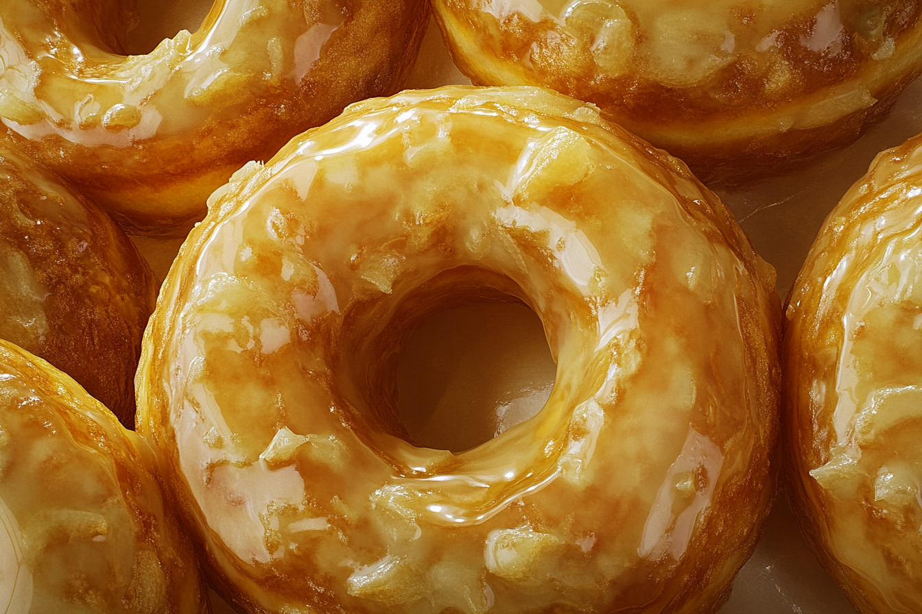 Krispy Kreme donuts with shiny glaze on a tray