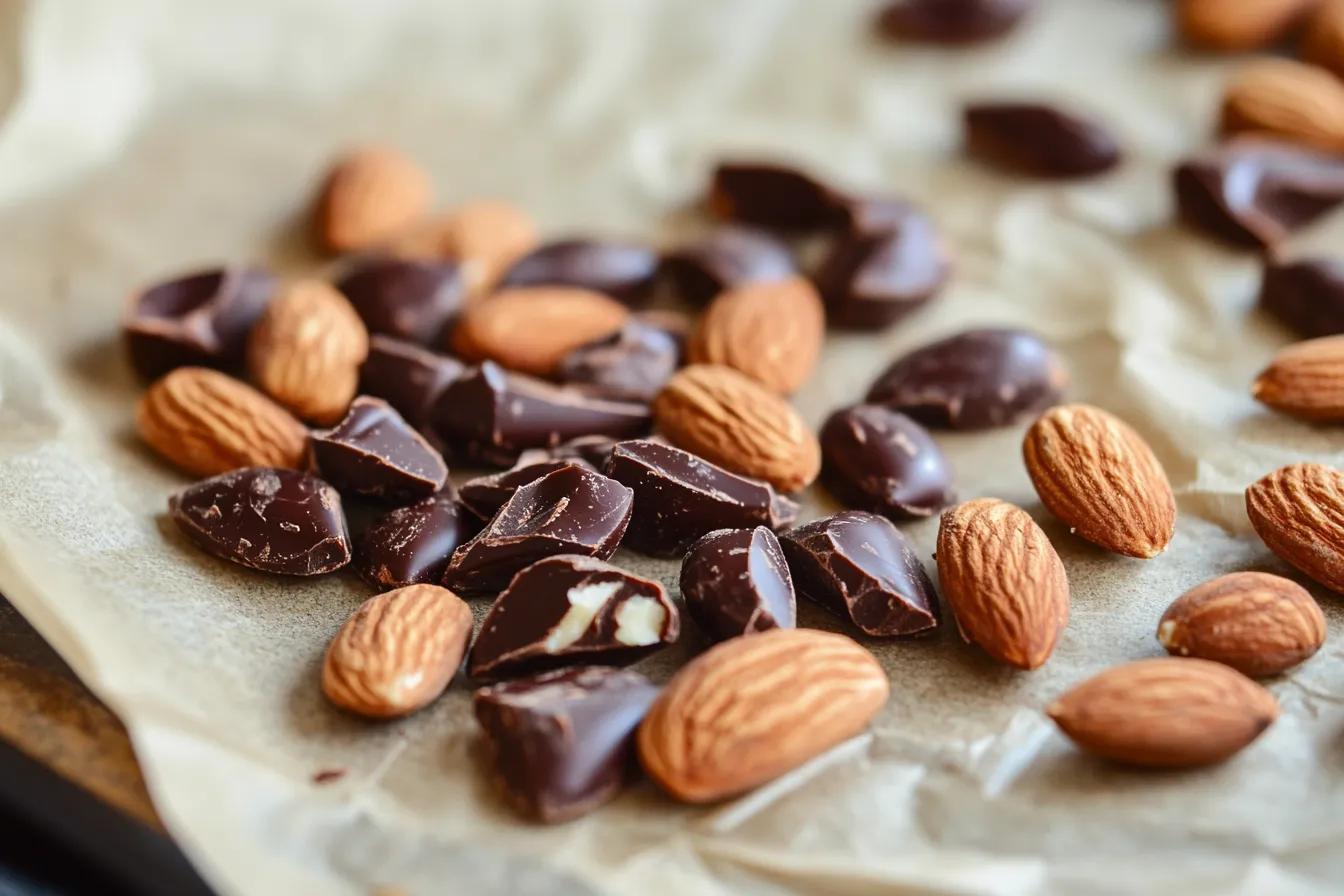 A bowl of dark chocolate covered almonds on a wooden table.