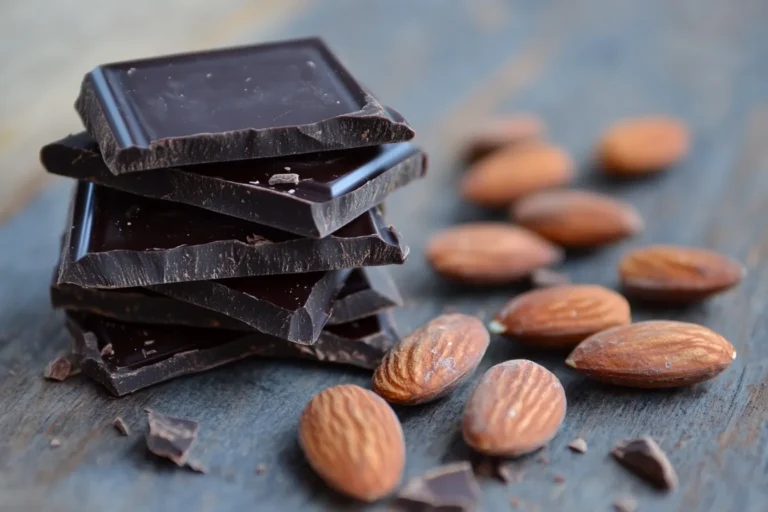 A bowl of dark chocolate almonds on a wooden table.