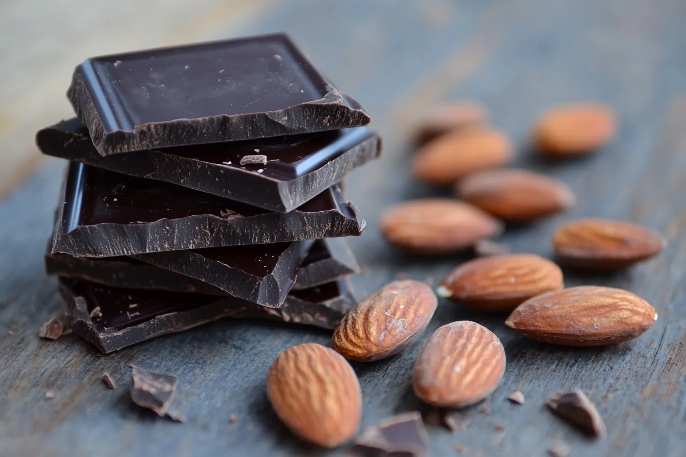 A bowl of dark chocolate almonds on a wooden table.