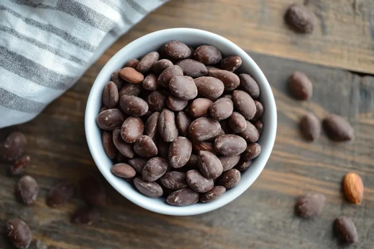 A bowl of dark chocolate almonds on a wooden table.