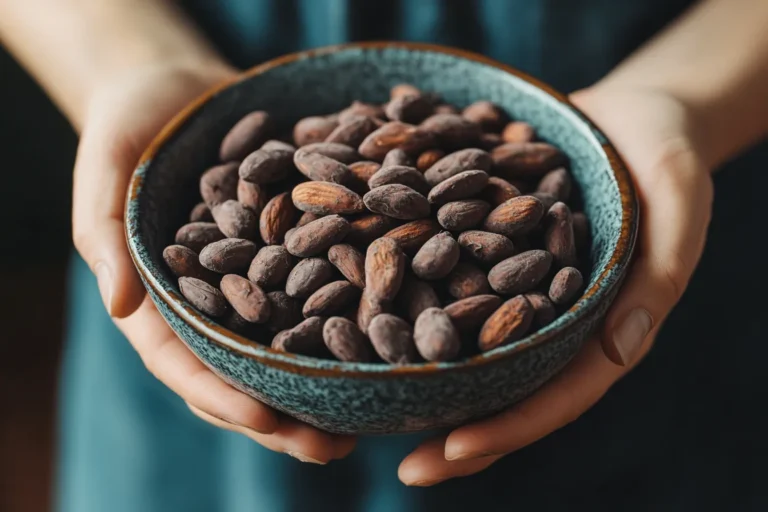 A bowl of dark chocolate almonds on a wooden table.