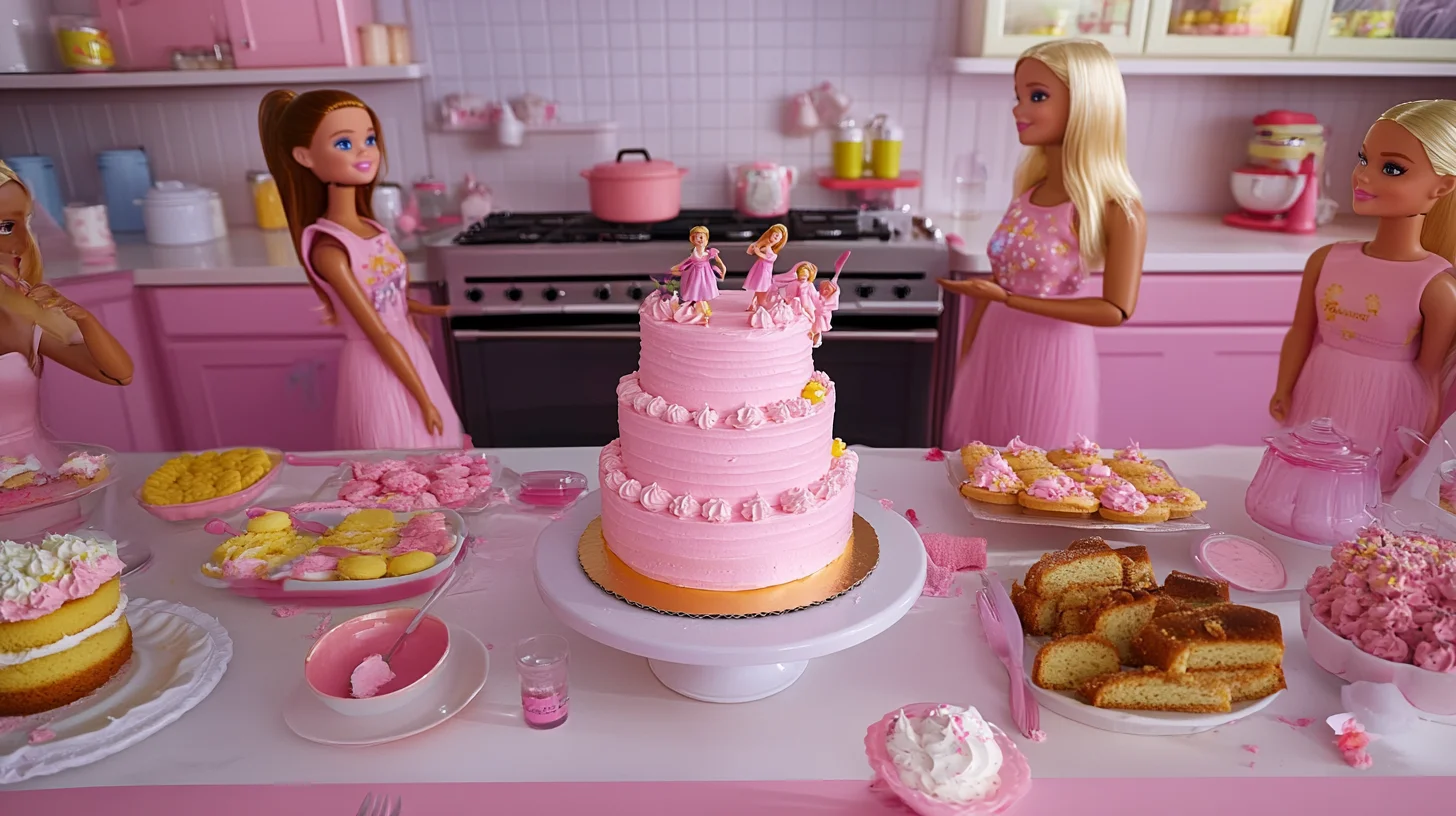 How many people will a Barbie cake feed? Pink Barbie cake with doll inserted in top.