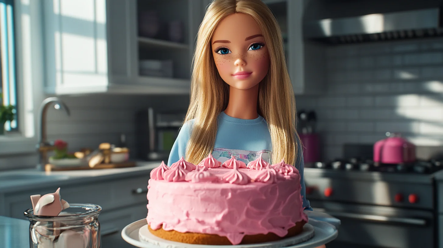 Barbie cake with doll in a fondant gown on a kitchen counter