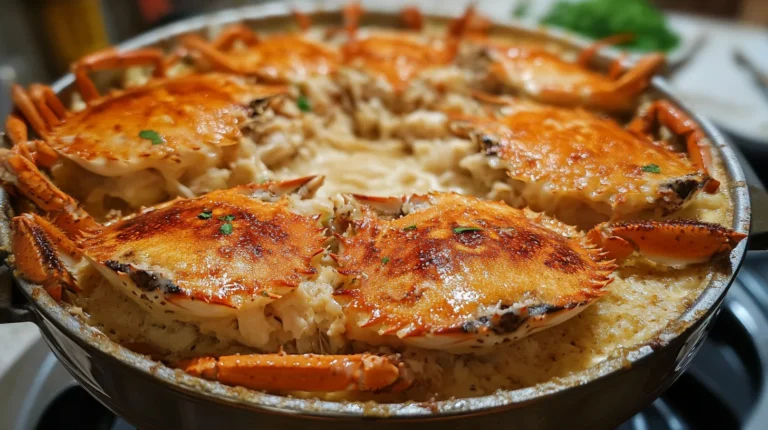 Savory crab brulee recipe served in a ramekin with a caramelized top.