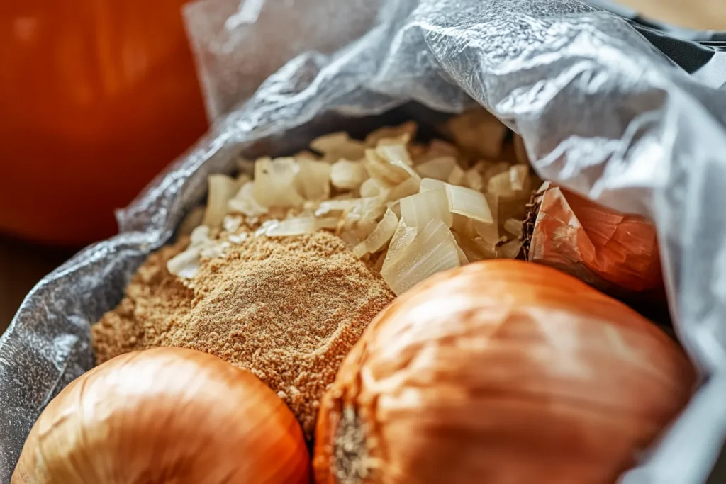 Close-up of Lipton Beefy Onion Soup Mix ingredients