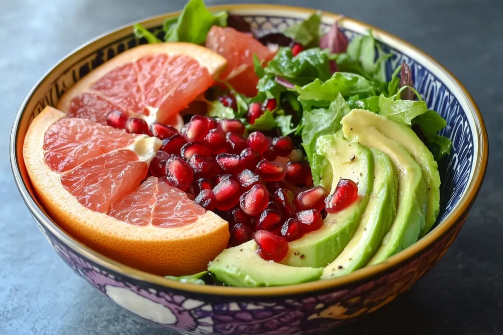 A healthy avocado fruit salad
