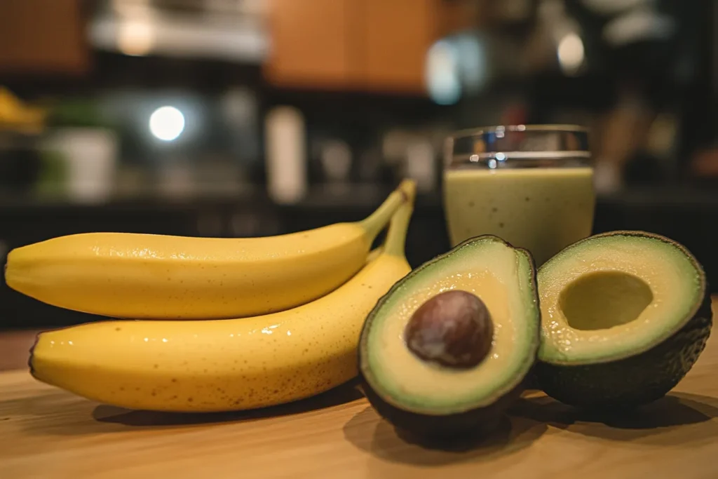 Fresh avocado and banana next to a glass of avocado and banana smoothie.
