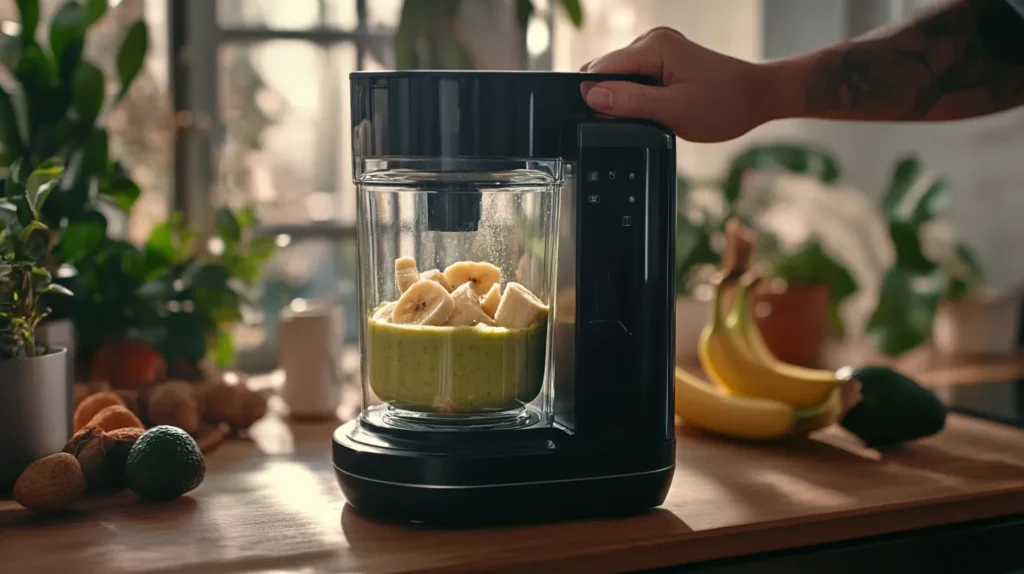 Blending banana and avocado together for a delicious smoothie