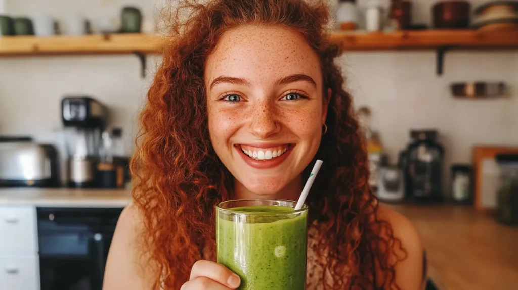 Person smiling while drinking a creamy avocado and banana smoothie.