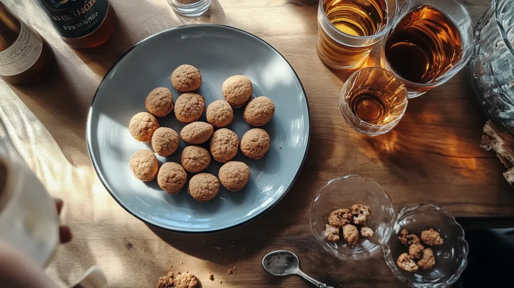 What's the difference between amaretto and amaretti? Glass of amaretto with amaretti cookies.