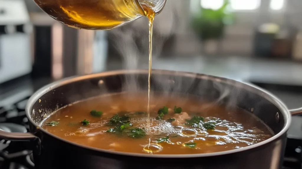Aromatics being added to chicken soup for flavor.
