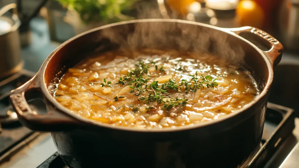 A delicious pot of French onion soup with different herbs