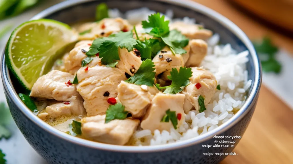 Delicious chopt spicy chicken soup recipe with rice served in a bowl