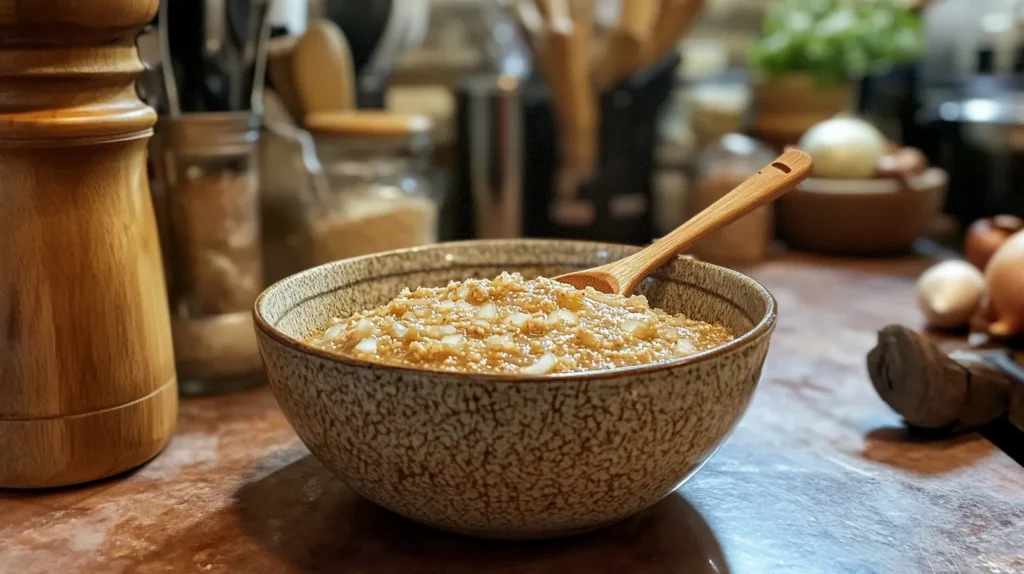 A bowl of dried onion soup mix, ready for cooking.
