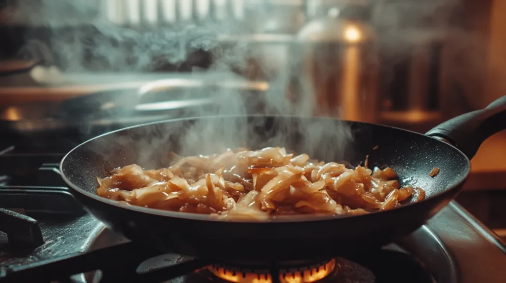Onions slowly caramelizing in a pan, a key step in French onion soup.