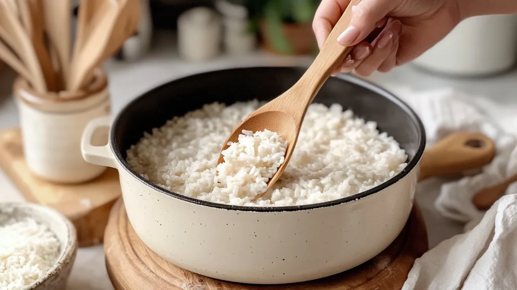 Checking the consistency of rice soup.